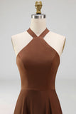 Chocolate A Line Halter Neck Satin Maxi Formal Dress