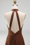 Chocolate A Line Halter Neck Satin Maxi Formal Dress