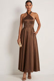 Chocolate A Line Halter Neck Satin Maxi Formal Dress