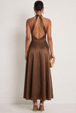 Chocolate A Line Halter Neck Satin Maxi Formal Dress