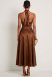 Chocolates Halter Neck A Line Satin Backless Maxi Formal Dress