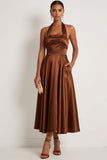 Chocolates Halter Neck A Line Satin Backless Maxi Formal Dress