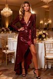 Sparkly Burgundy V Neck Sequin High-Low Heath Prom Dress with Sleeves