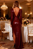 Sparkly Burgundy V Neck Sequin High-Low Heath Prom Dress with Sleeves