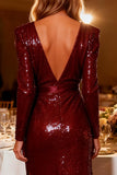 Sparkly Burgundy V Neck Sequin High-Low Heath Prom Dress with Sleeves