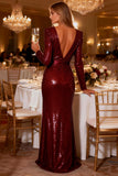 Burgundy Sparkly V Neck Mermaid Sequin Long Sleeves Prom Dress with Slit