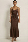 Chocolates Mermaid Spaghetti Straps Long Ruched Formal Dress with Beading