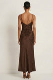 Chocolates Mermaid Spaghetti Straps Long Ruched Formal Dress with Beading