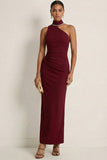 Burgundy Halter Neck Mermaid Ruched Maxi Formal Dress