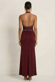 Sparkly Beaded Burgundy Halter Neck Mermaid Ruched Maxi Formal Dress with Slit