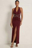 Sparkly Beaded Burgundy Halter Neck Mermaid Ruched Maxi Formal Dress with Slit