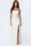 Sparkly Beaded Ivory Mermaid Strapless Maxi Wedding Reception Dress with Slit