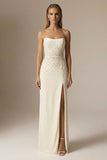 Sparkly Beaded Ivory Mermaid Strapless Maxi Wedding Reception Dress with Slit