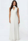 Ivory A Line Halter Neck Pleated Maxi Wedding Reception Dress
