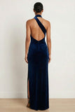 Navy Mermaid Halter Neck Maxi Formal Dress with Slit