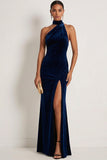 Navy Mermaid Halter Neck Maxi Formal Dress with Slit