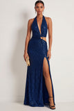 Sparkly Sequined Navy Mermaid Halter Neck Maxi Gala Dress with Slit