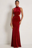 Dark Red Mermaid High Neck Cut Out Maxi Gala Dress