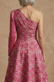 Fuchsia One Shoulder Floral Long A Line Mother of the Bride Dress with Sleeves