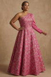 Fuchsia One Shoulder Floral Long A Line Mother of the Bride Dress with Sleeves