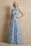 Blue Round Neck A Line Floral Appliqued Long Mother of the Bride Dress