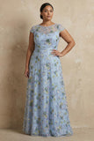 Blue Round Neck A Line Floral Appliqued Long Mother of the Bride Dress