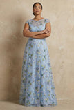 Blue Round Neck A Line Floral Appliqued Long Mother of the Bride Dress