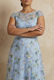 Blue Round Neck A Line Floral Appliqued Long Mother of the Bride Dress