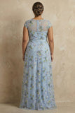 Blue Round Neck A Line Floral Appliqued Long Mother of the Bride Dress