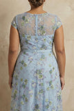 Blue Round Neck A Line Floral Appliqued Long Mother of the Bride Dress
