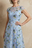 Blue Round Neck A Line Floral Appliqued Long Mother of the Bride Dress