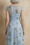 Blue Round Neck A Line Floral Appliqued Long Mother of the Bride Dress