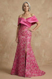Floral Mermaid Fuchsia Long Off the Shoulder Mother of the Bride Dress with Slit
