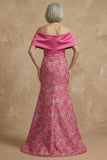 Floral Mermaid Fuchsia Long Off the Shoulder Mother of the Bride Dress with Slit
