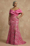 Floral Mermaid Fuchsia Long Off the Shoulder Mother of the Bride Dress with Slit