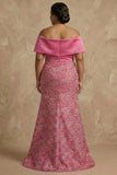 Floral Mermaid Fuchsia Long Off the Shoulder Mother of the Bride Dress with Slit