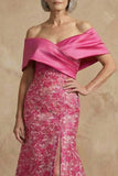 Floral Mermaid Fuchsia Long Off the Shoulder Mother of the Bride Dress with Slit