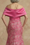 Floral Mermaid Fuchsia Long Off the Shoulder Mother of the Bride Dress with Slit