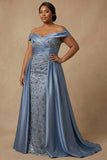 Dusty Blue Off the Shoulder Floral Long Appliqued Mother of the Bride Dress