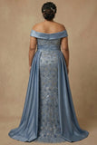 Dusty Blue Off the Shoulder Floral Long Appliqued Mother of the Bride Dress
