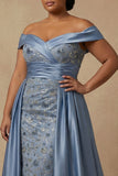Dusty Blue Off the Shoulder Floral Long Appliqued Mother of the Bride Dress