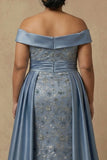 Dusty Blue Off the Shoulder Floral Long Appliqued Mother of the Bride Dress