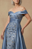 Dusty Blue Off the Shoulder Floral Long Appliqued Mother of the Bride Dress
