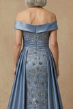 Dusty Blue Off the Shoulder Floral Long Appliqued Mother of the Bride Dress
