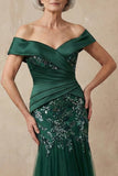 Dark Green Sparkly Floral Mermaid Long Mother of the Bride Dress with Appliques