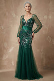 Dark Green Sparkly Appliqued Floral Mermaid Long Sleeves Mother of the Bride Dress