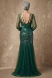 Dark Green Sparkly Appliqued Floral Mermaid Long Sleeves Mother of the Bride Dress