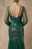 Dark Green Sparkly Appliqued Floral Mermaid Long Sleeves Mother of the Bride Dress