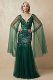 Dark Green Sparkly Appliqued Mermaid Floral Long Mother of the Bride Dress with Cape