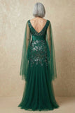 Dark Green Sparkly Appliqued Mermaid Floral Long Mother of the Bride Dress with Cape